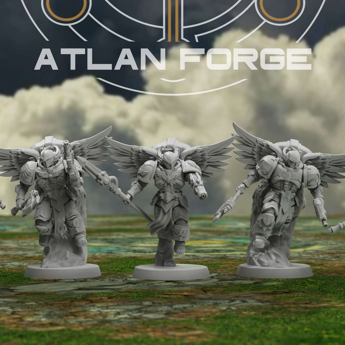 Angelic Ophanim Squad of five winged warriors on round bases, front view lineup