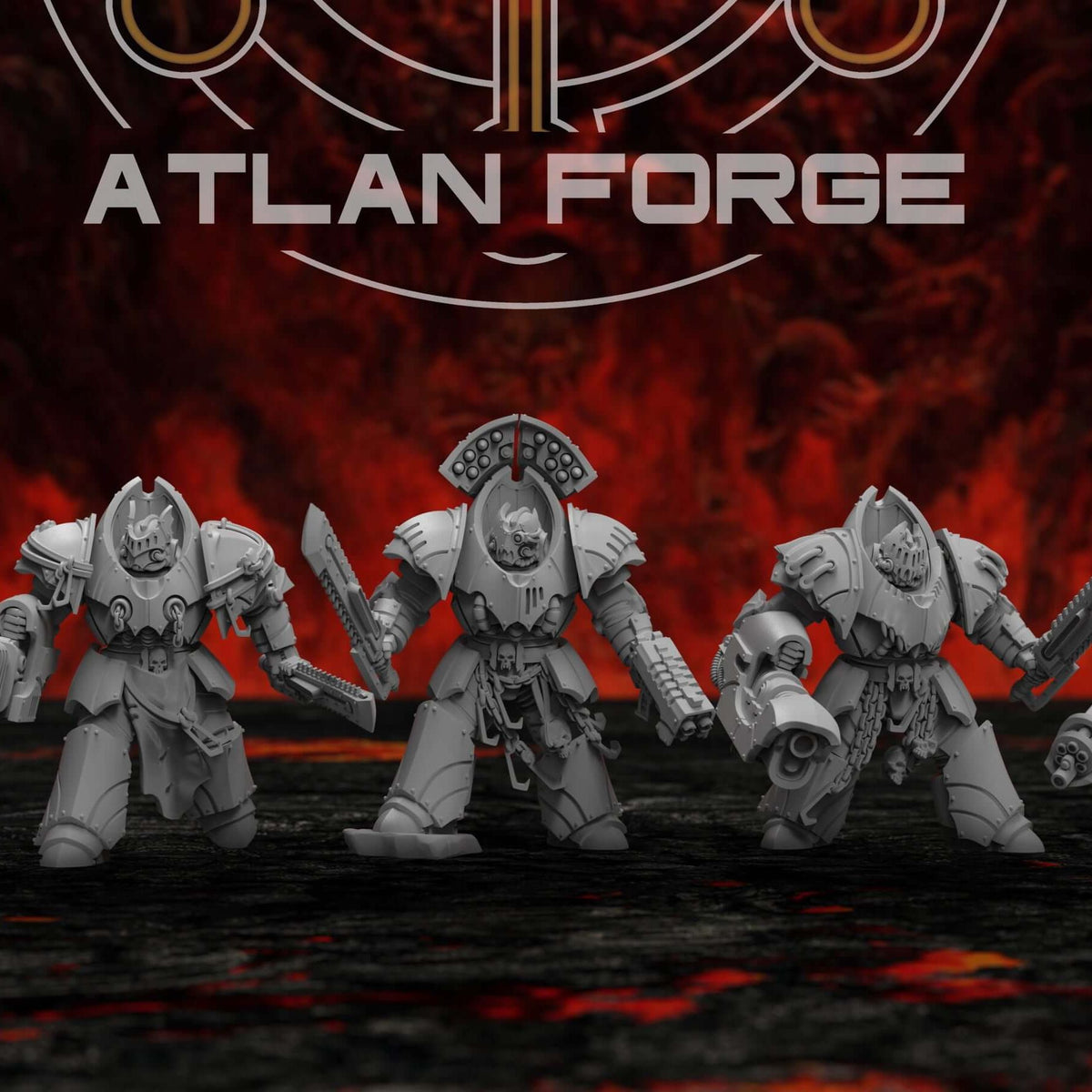 Gothic Sci-Fi Warriors squad of five armoured miniatures with chainswords and guns, front view