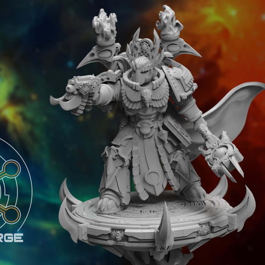 Aegyptus Arcane Master resin miniature in jackal helm, front view on ornate round base