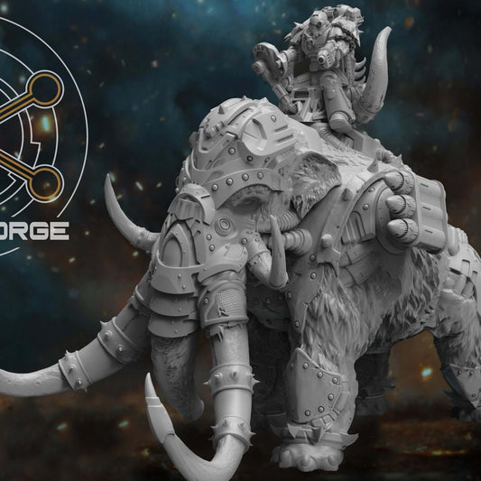 Cybernetic War Mammoth with armored tusks and horned rider, front three-quarter view