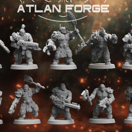 Grokk Warpack kit shows ten resin miniatures with axes, guns, and horned helmets on round bases