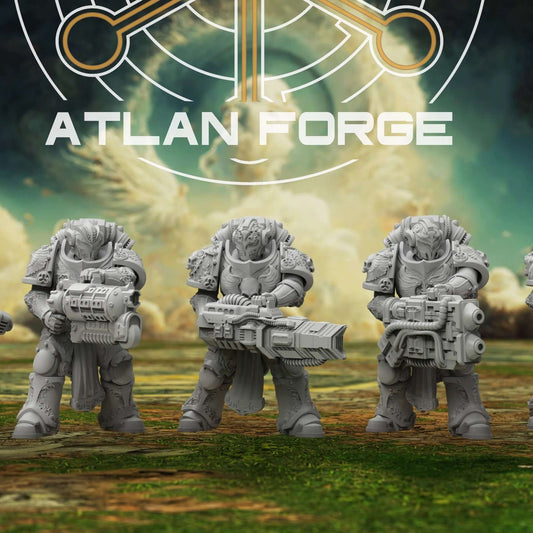 Angelic Sci-Fi Warriors five armoured veterans stand in a row holding heavy ranged weapons