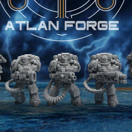 Five Asgardian Demolishers in heavy armor stand on a rocky base under stormy sky.