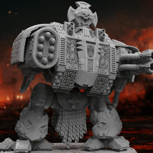 Templar Crusader Dreadnought resin miniature with skull crest and dual autocannon, front angled view