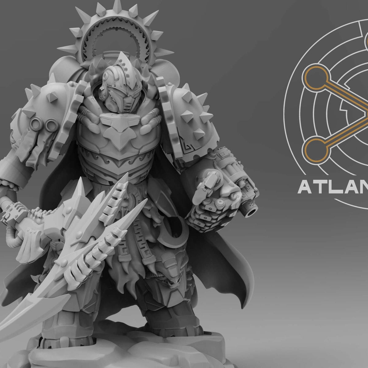 Wai Toa Aegis Captain holding sword and toothed blade, spiked halo helm, front view on rocky base