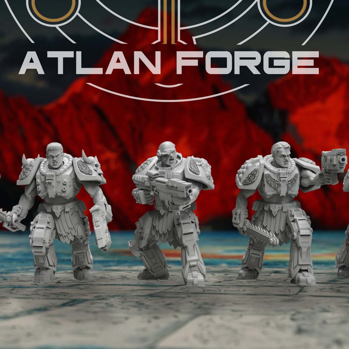 Five Minoan Initiates in armor stand ready with rifles and a chainblade weapon