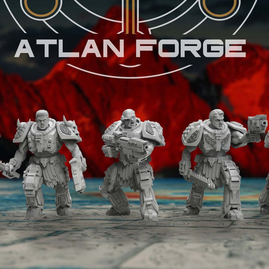 Five Minoan Initiates in armor stand ready with rifles and a chainblade weapon