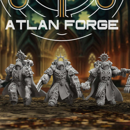Five heavily armoured Templar Sci-Fi Warrior miniatures, wearing ornate armour and carrying chain weapons and guns.