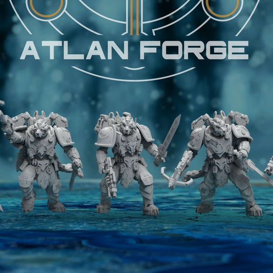 Five Asgardian Ravagers wolf warriors with swords and rifles stand in a row