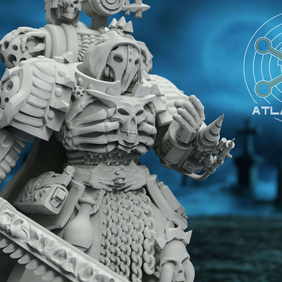 Diseased plague marine sawbones close up with skull faceplate and clawed bionic hand.