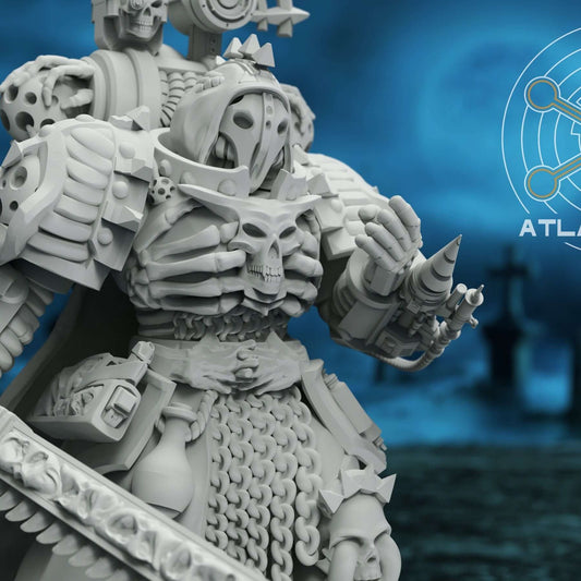 Diseased plague marine sawbones close up with skull faceplate and clawed bionic hand.