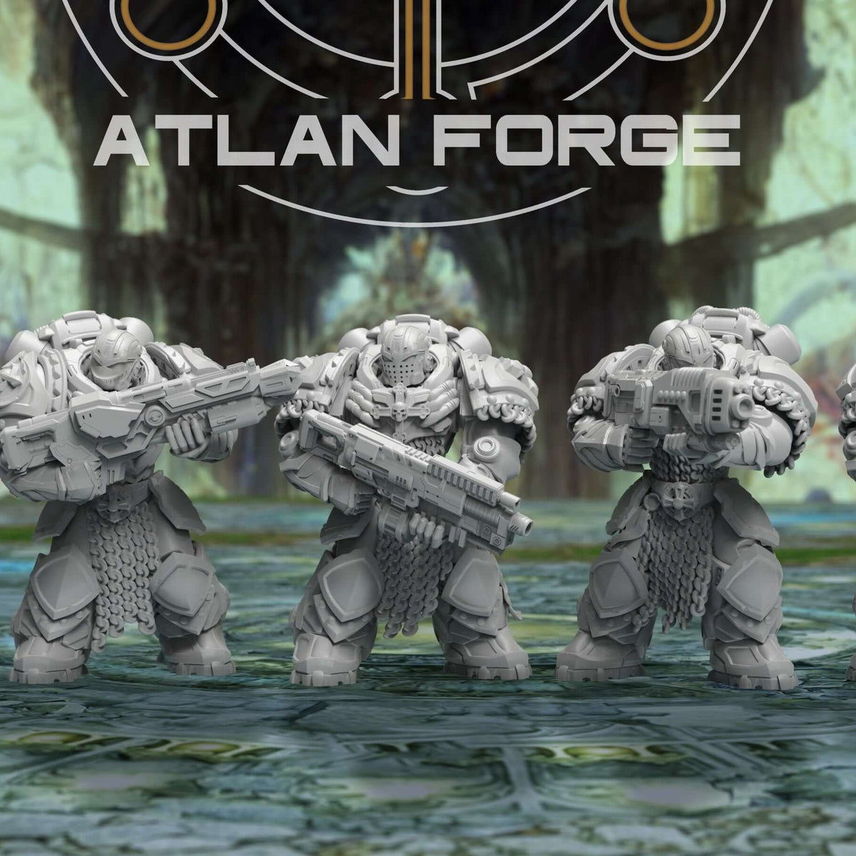 Templar Aegis Rangers Squad of five armoured warriors standing in shallow water, rifles raised
