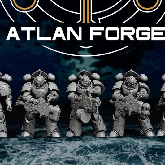 Wai Toa Delugers armored squad of five with heavy guns stand on ocean rocks.