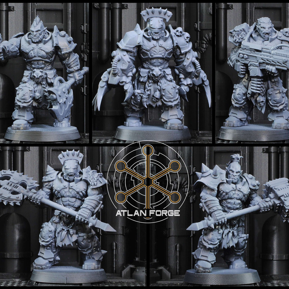Grokk Warborn unpainted orc miniatures shown from five angles with pistol, hammer, and rifle options