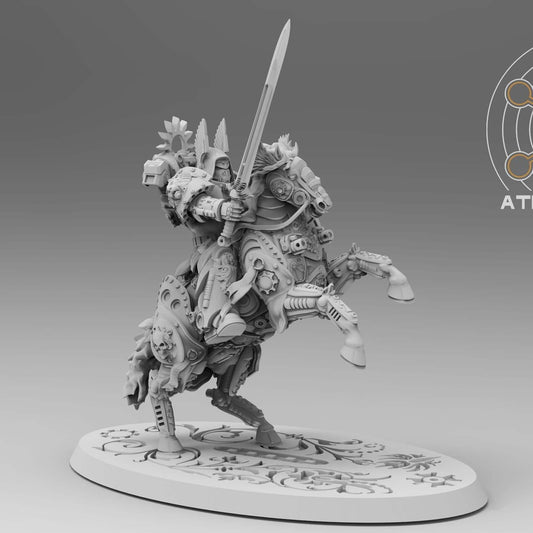 Angelic Knight on rearing cybernetic steed, 32mm resin wargaming miniature by Atlan Forge