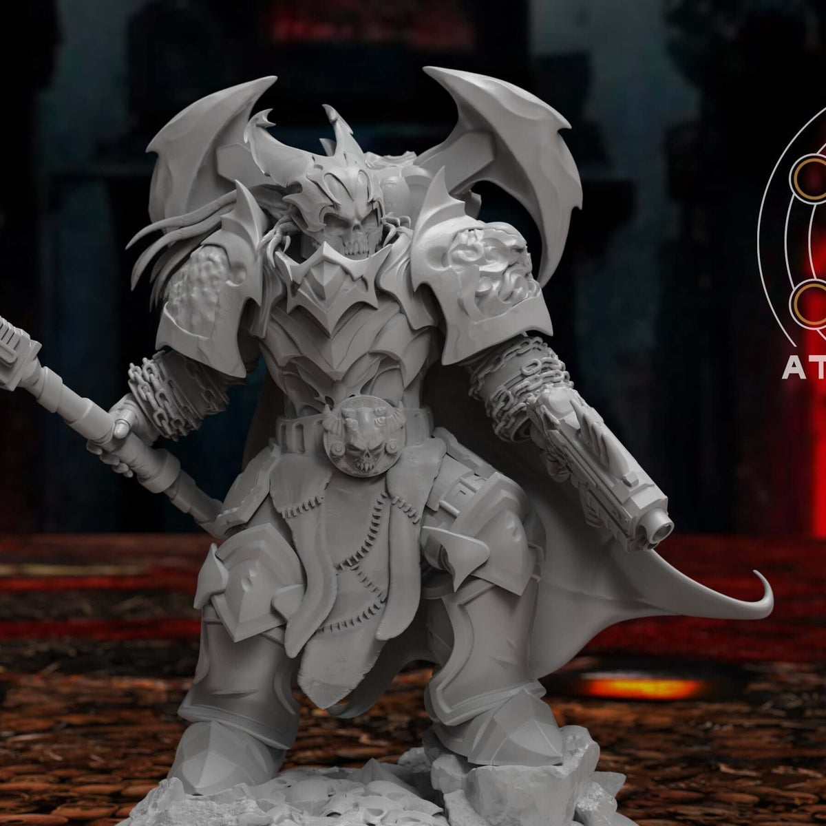 Gothic Sci-Fi Warrior miniature holding a barbed polearm, front view on rocky base.