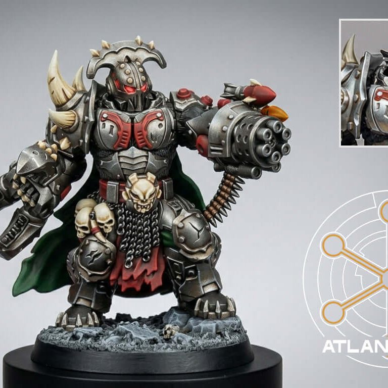 Grokk Brutelord painted resin miniature front view, dark iron armour with red trim and bone horns on rubble base