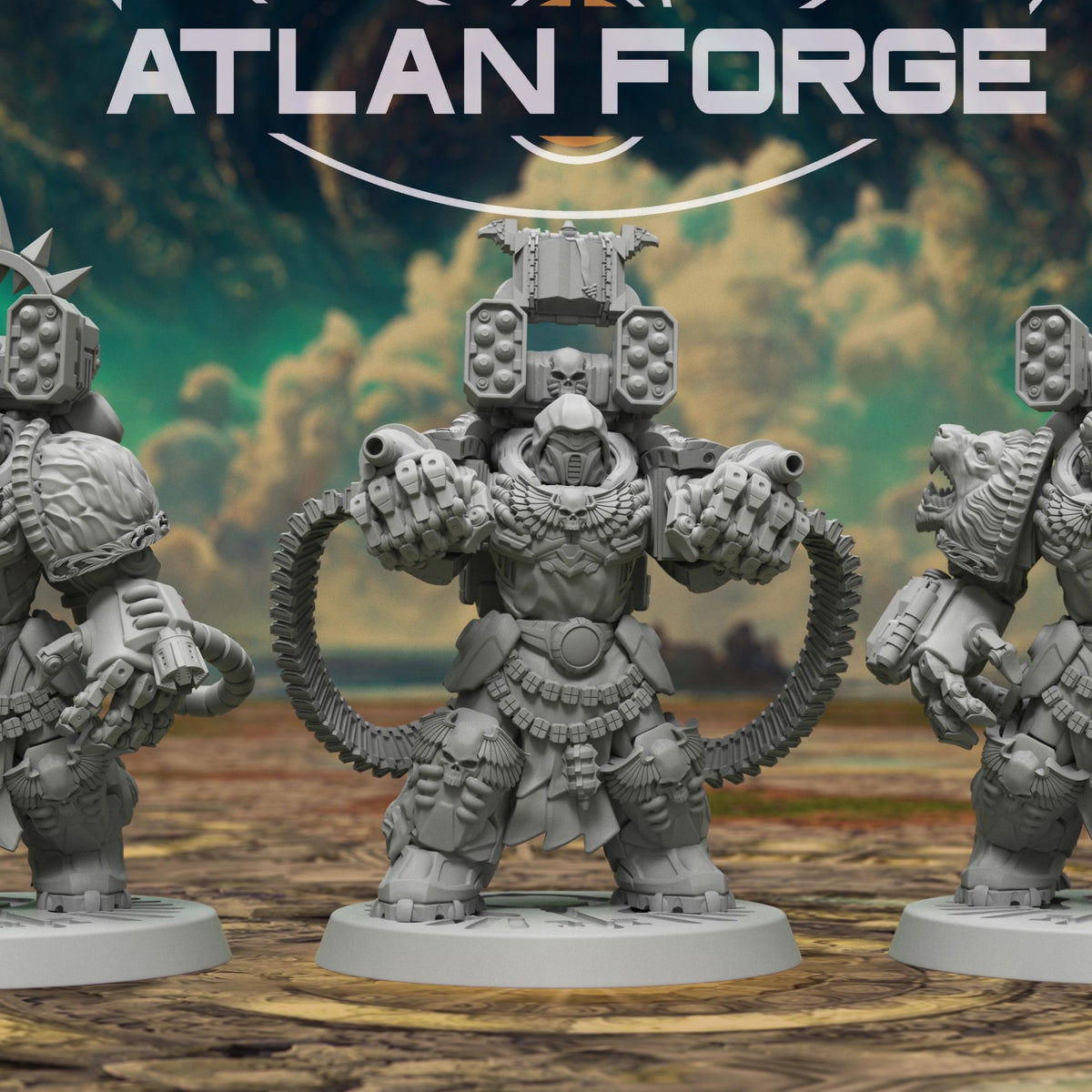 Full squad grouped together, twin-pistol figure centered flanked by two armoured variants outdoors.