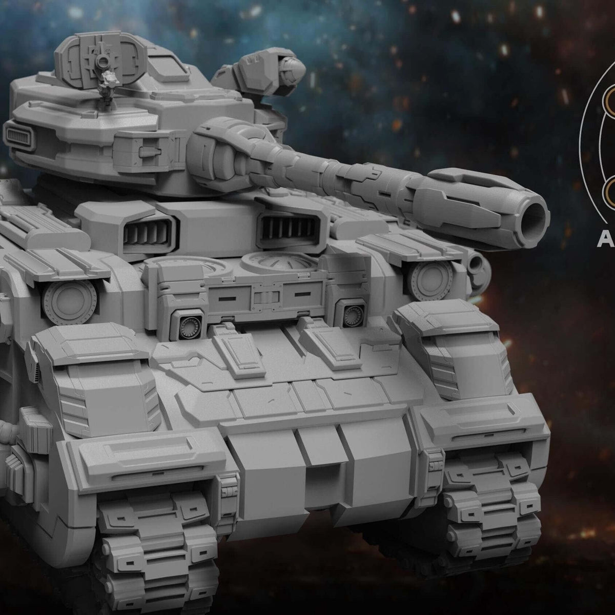 Arctodus Tank resin miniature with long main cannon, front three-quarter angled view on tracks.