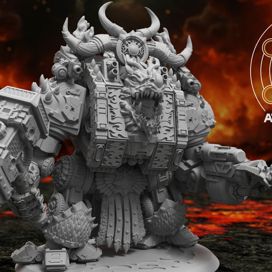 Dragon Dreadnought resin miniature with horned dragon skull head and crushing fist, lava backdrop