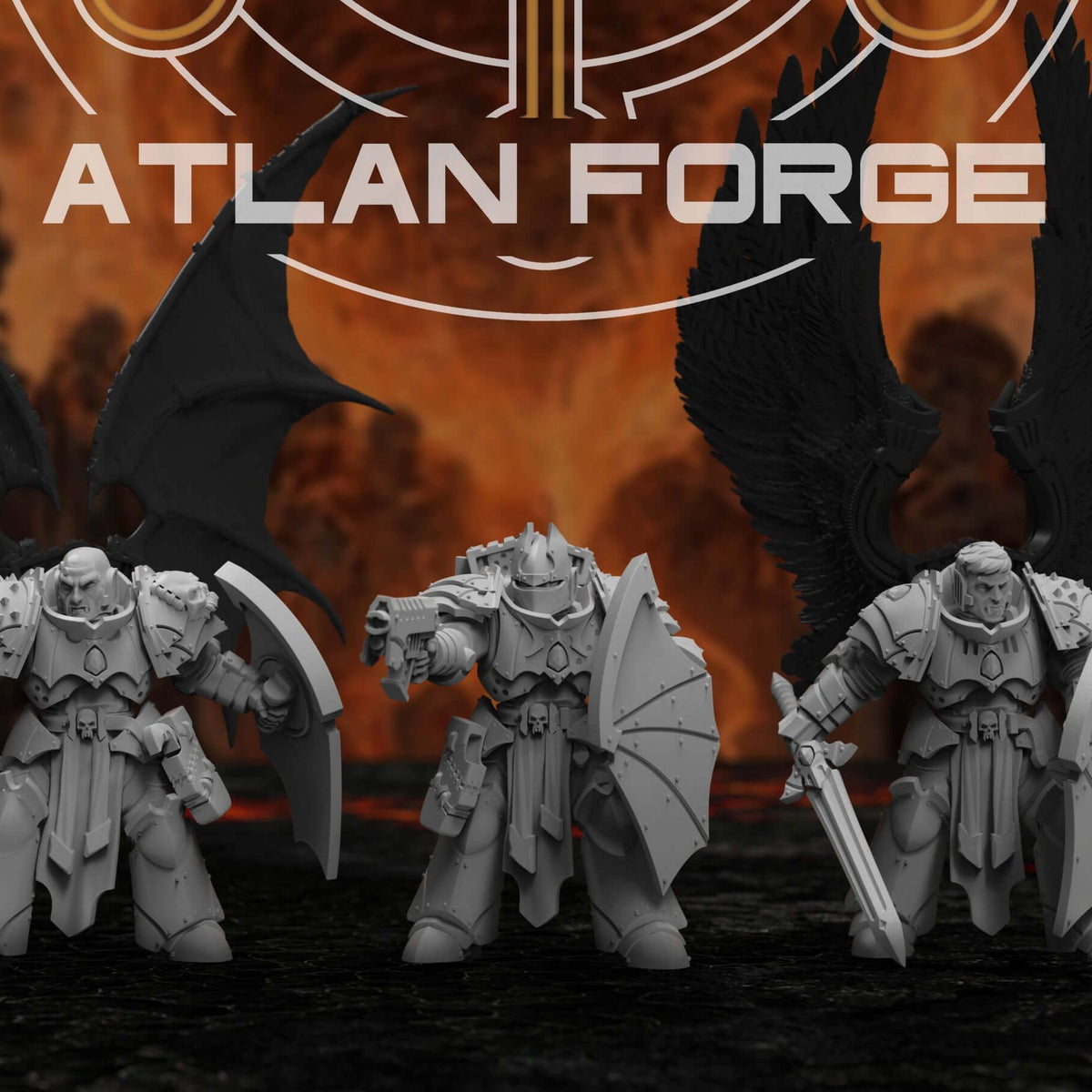 Three gothic sci-fi vampire knight veterans in heavy armour, wielding power swords and pikes, with angelic or demonic wings, standing ready for battle.