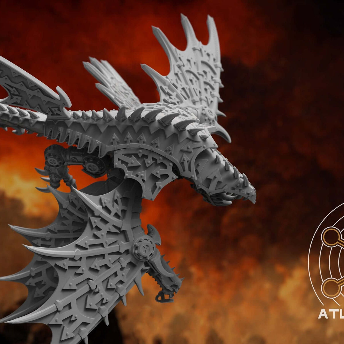 Demon War Machine dragon miniature with spiked wings raised against a fiery backdrop, side view.