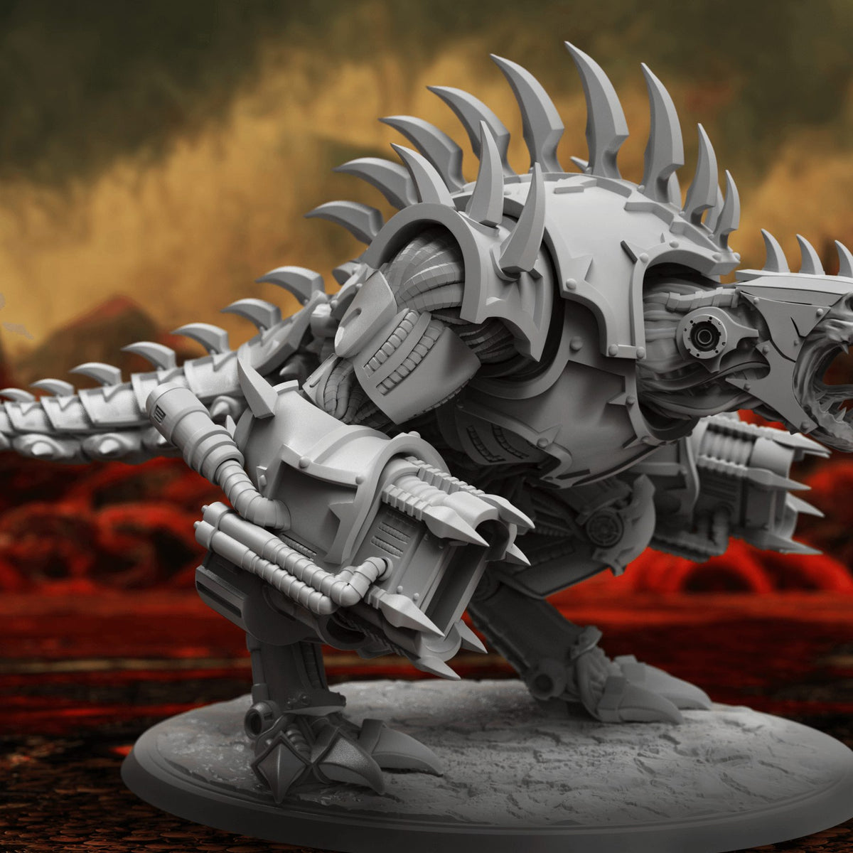 Demon War Machine resin miniature, quadruped cyber-daemon with spiked armored back, right side view on round base