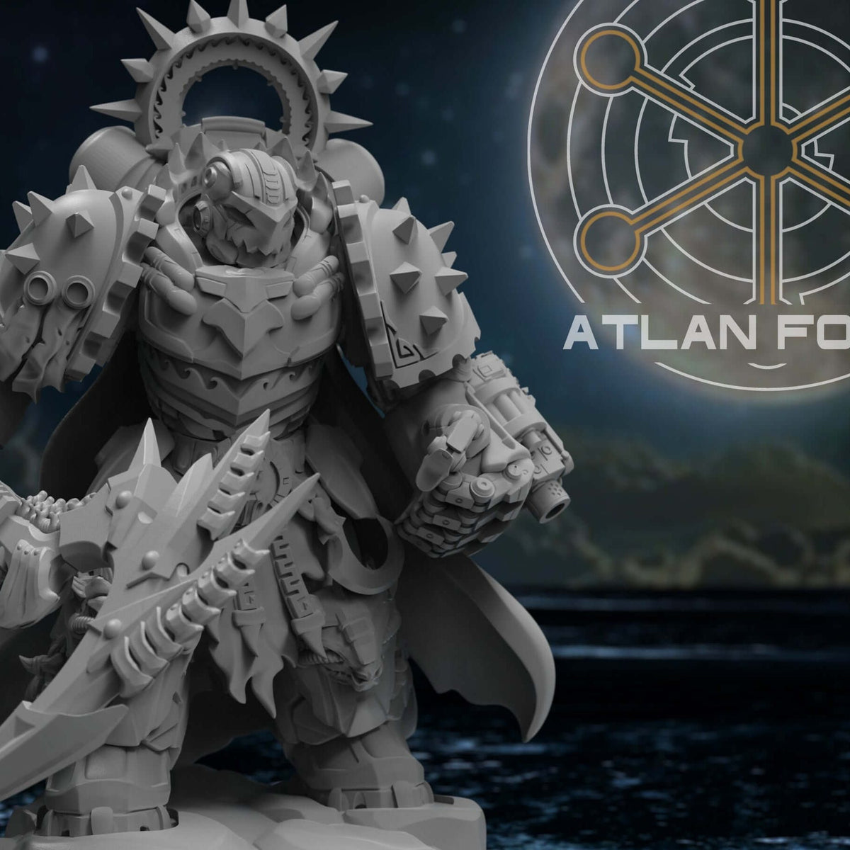 Wai Toa armoured commander miniature holding jagged sword and gun, spiked halo helm, front view