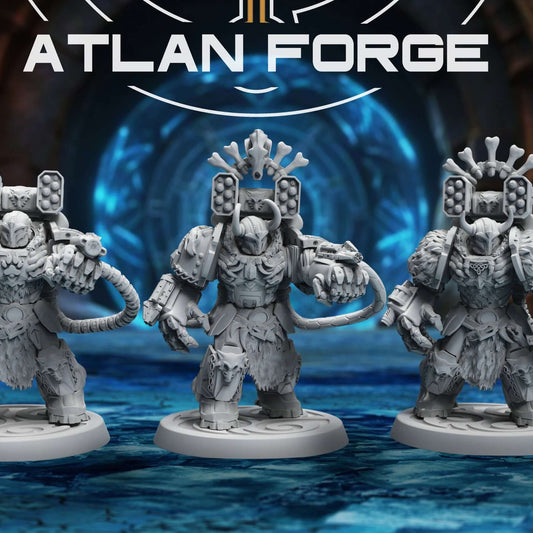 Three Asgardian armored warriors stand on round bases with backpack missile racks.