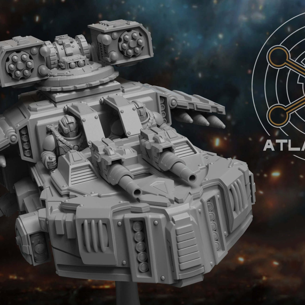 Battle Speeder resin miniature with twin missile racks and dual gatling cannons, front angle