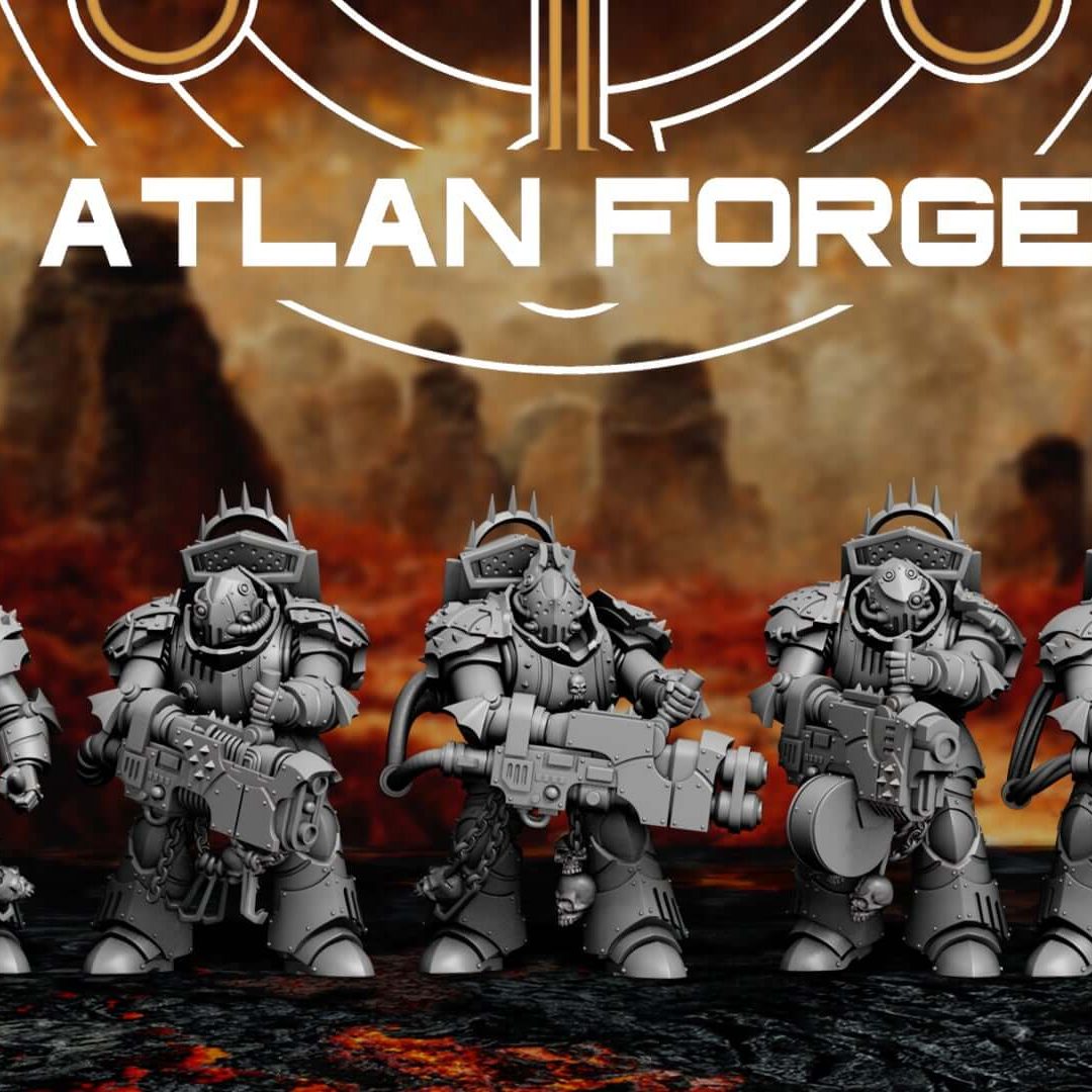 Gothic Sci-Fi armored warriors lined up with rifles against a fiery rock backdrop