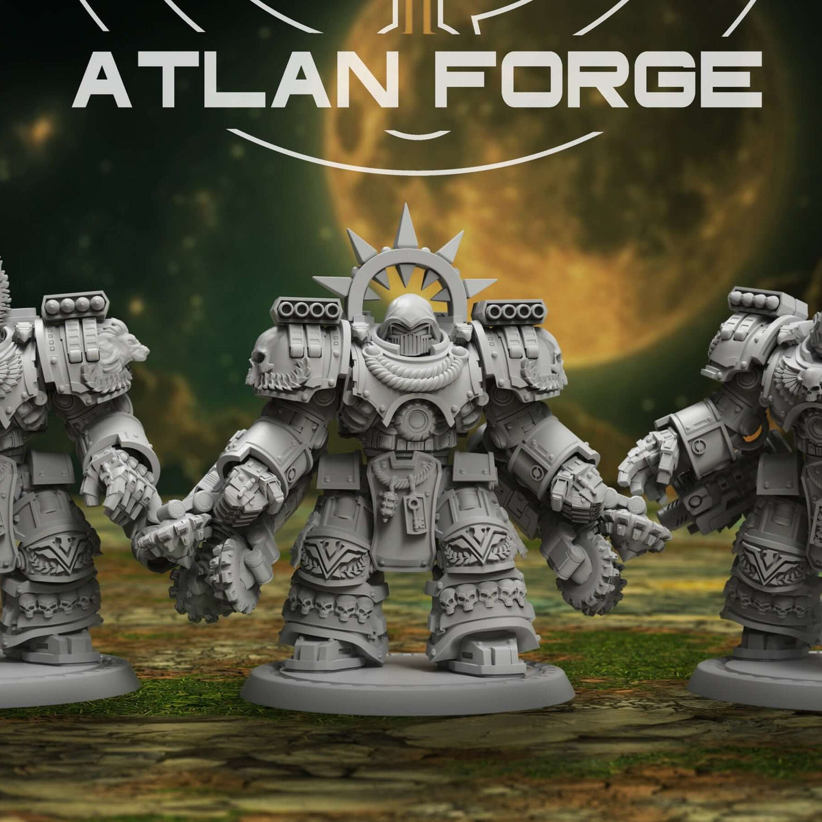 Three Angelic Knights Warhulk miniatures stand in heavy armour on round bases outdoors.