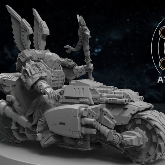 Bike-mounted Battle Priest miniature with winged helm, raised staff, side view on round base.