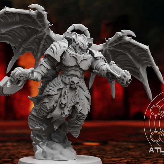 Winged armoured figure crouched on rocky base wielding pistol and clawed gauntlet, front angle
