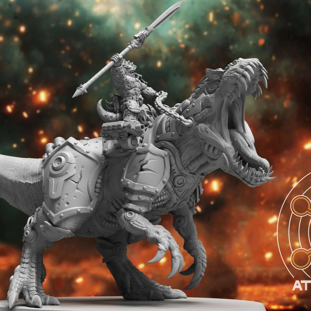 Cybernetic allosaur with armored plating carries a spear-wielding rider, side view on round base