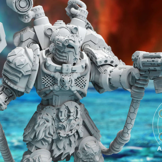 Asgardian sci-fi warrior in horned helmet, close-up gripping massive runic warhammer