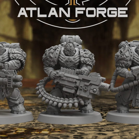 Templar Heavy Aegis three-figure squad front view, grey resin, heavy armour and oversized firearms, 32mm scale