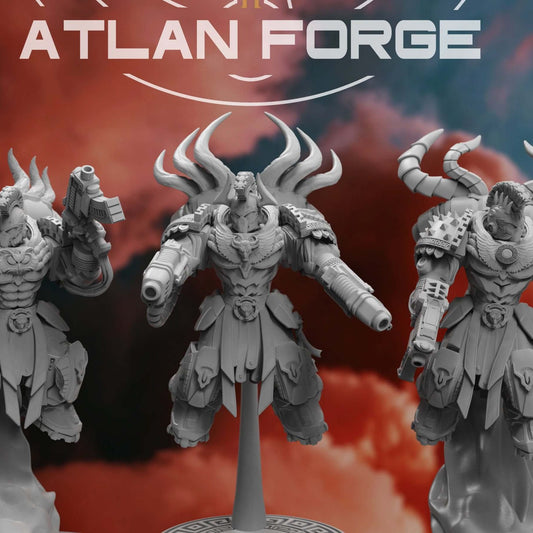 Minoan Aegis Sciritai armoured warriors with curling horned helmets, dual guns, on round bases