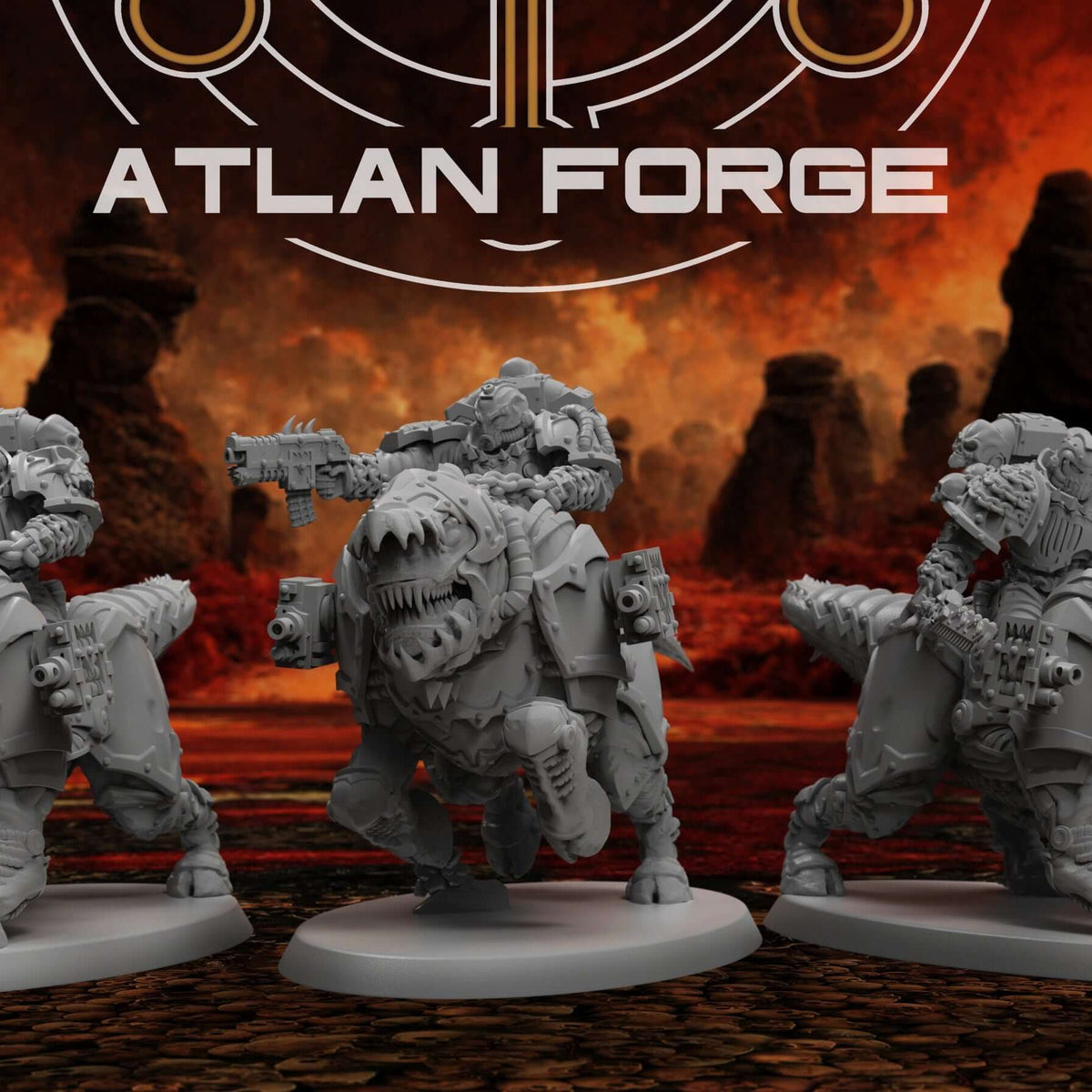 Three Hades Demon Riders on armored reptilian mounts with sword, rifle, and blade weapons.