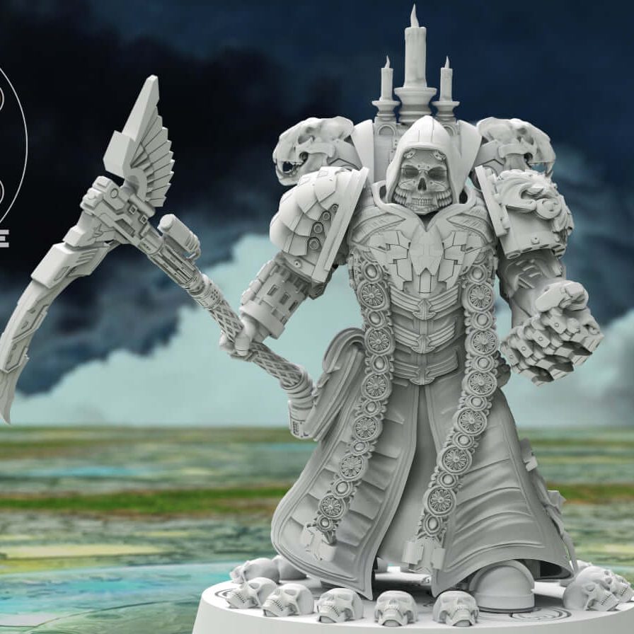 Angelic warrior priest miniature in skull helm holding scythe, front view on skull base