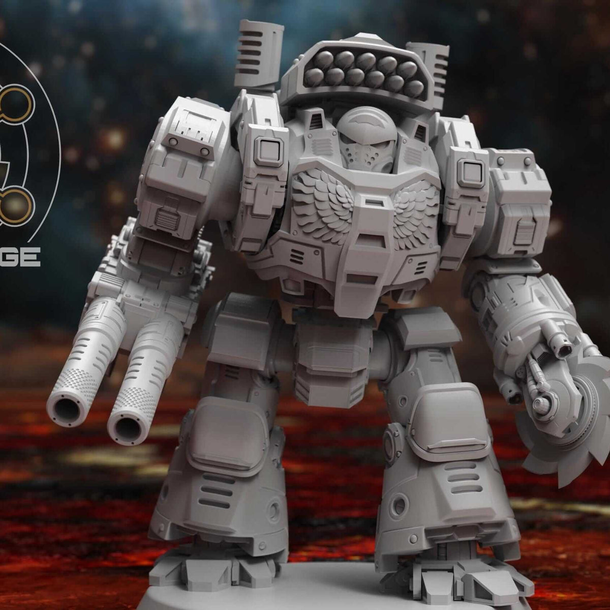 Dreadnought miniature with twin cannons and claw arm, front view on round base