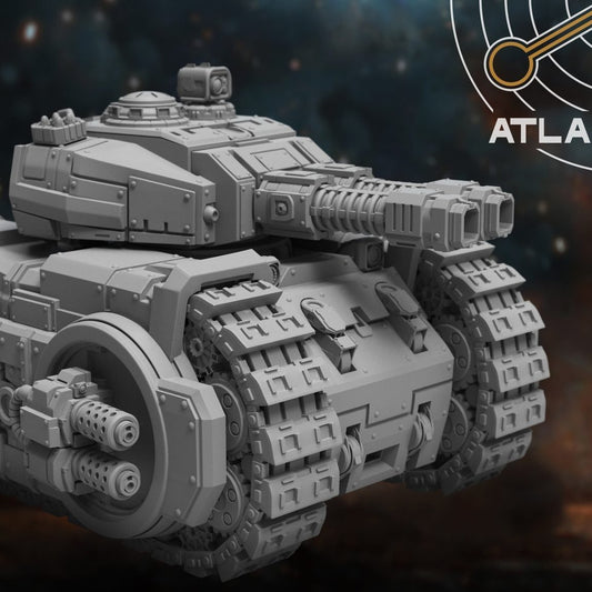 Windwarden Battle Tank front three-quarter view showing turret cannon and heavy track assemblies, grey resin render