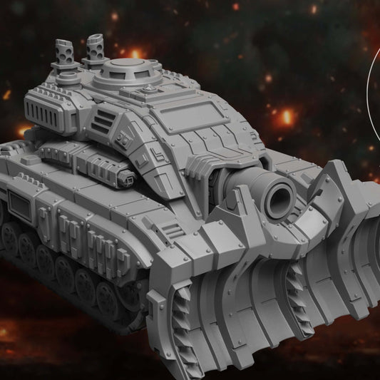 Sci-fi tracked siege tank with serrated dozer blade, front three-quarter view over fiery backdrop