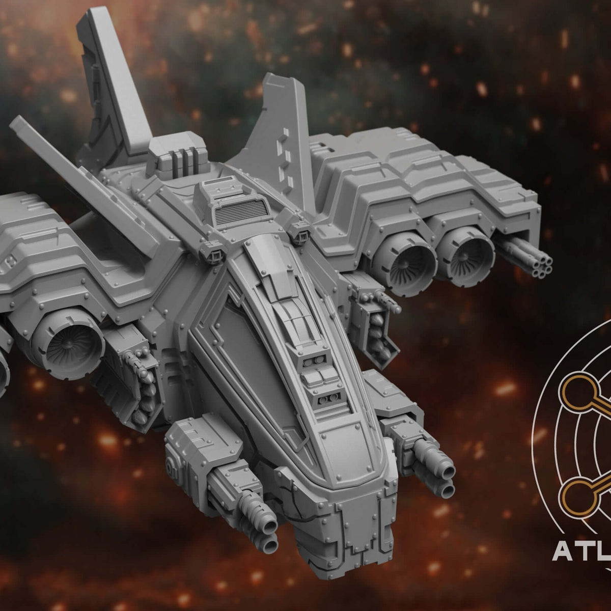 Thunderfury Gunship resin miniature viewed from above, engine pods and dual cannons visible, fiery backdrop.