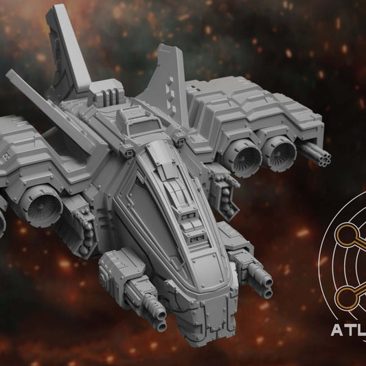 Thunderfury Gunship resin miniature viewed from above, engine pods and dual cannons visible, fiery backdrop.