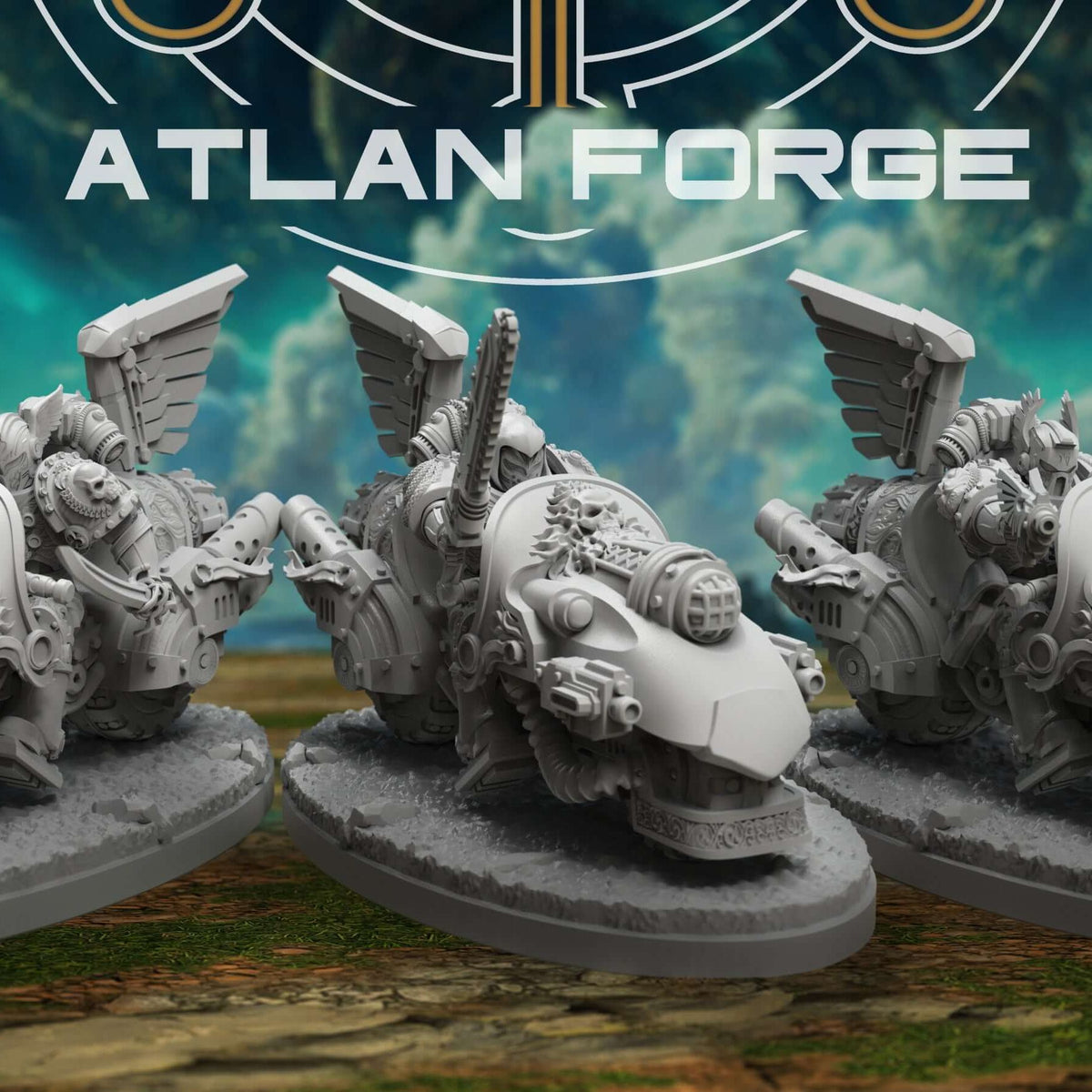 Three Angelic Knights bikers with wings ride forward on ornate armoured motorcycles, oval bases.