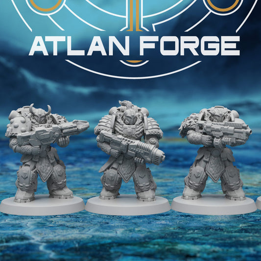Squad lined up on round bases, horned helms and rifles, promotional Atlan Forge banner background