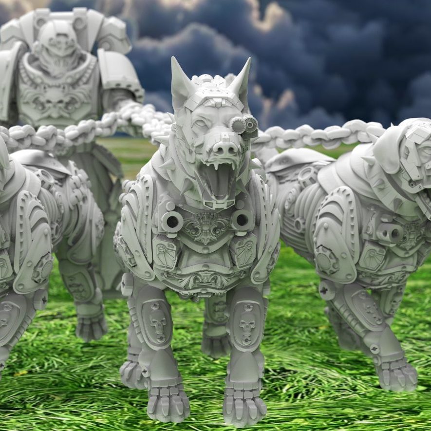 Dogs of War 32mm resin miniatures, three armoured war hounds facing forward, front view close-up