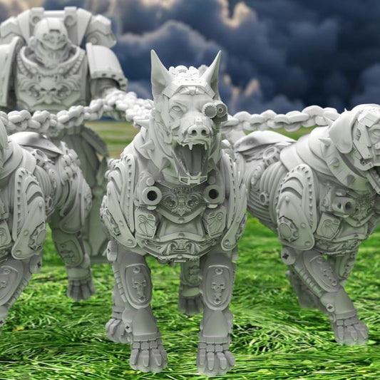 Dogs of War 32mm resin miniatures, three armoured war hounds facing forward, front view close-up