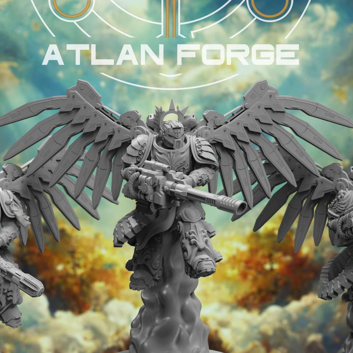 Three Angelic Flying Artillerymen with mechanical wings hover on cloud bases, wielding heavy rifles.